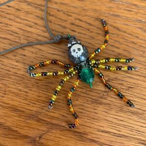 Necklace Handcrafted Spider Skull Beaded with Cord Halloween